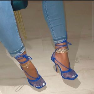 NWT Womens Elegant Divine Blue Heels Mesh 4" Stiletto Heels Square Toe Party
